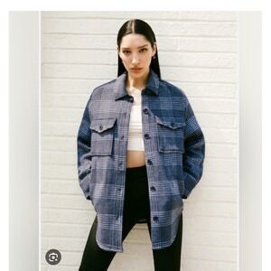 Reformation Giles Jacket Navy Plaid SZ S Wool Blend Oversized Grunge Boxy EUC